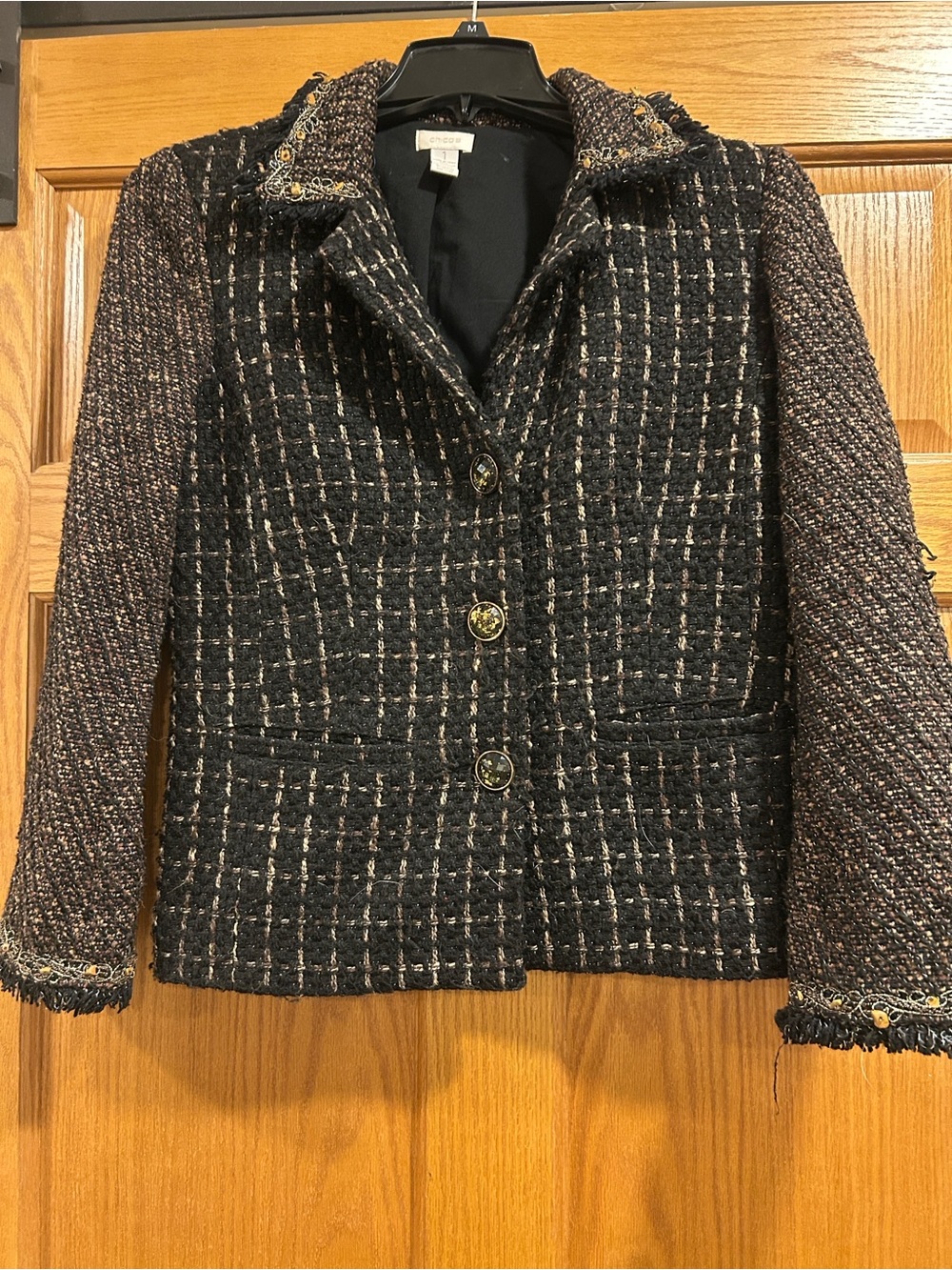 Vintage Chicos Black & Brown Metallic Textured Tweed Blazer Jacket Size 1